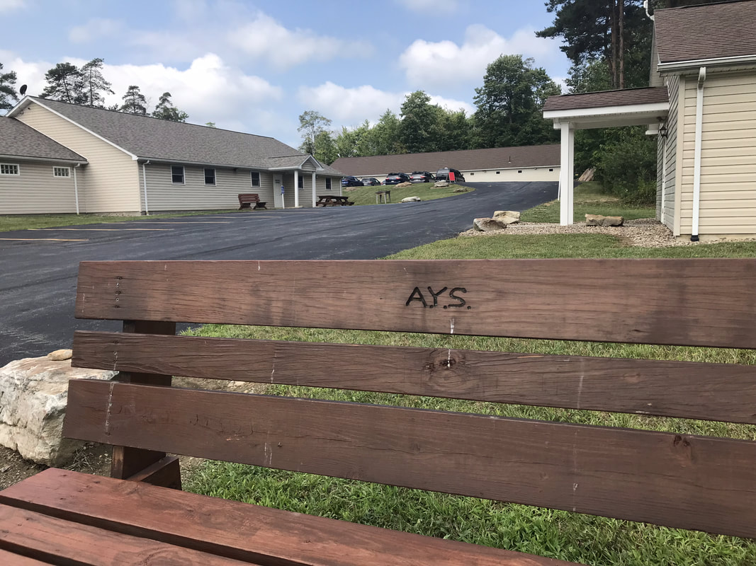 Photo of bench with letters AYS wood burned into the top with the campus in the background. 